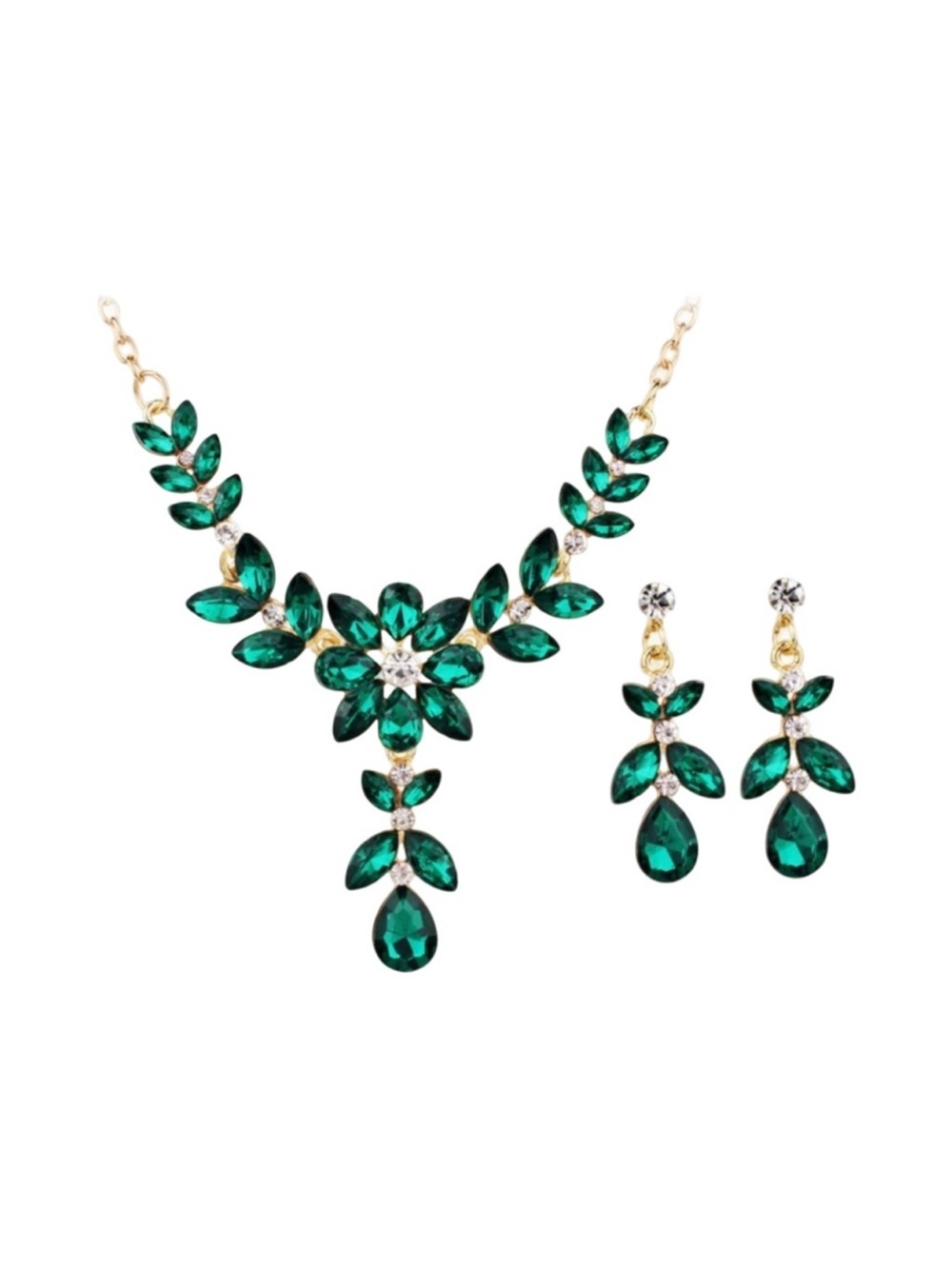 Emerald Crystal Leaf Necklace & Earrings Set - FINAL PRICE DROP